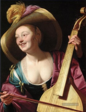eine junge Frau spielt eine Viola da gamba Nachtkerzenlicht Gerard van Honthorst